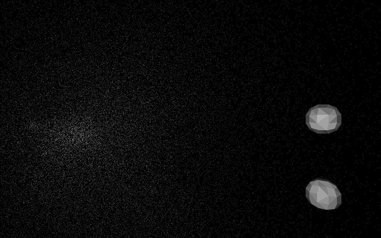 Countless tiny dots on a black background, getting brighter towards a point to the left. Two low-res balls to the right.