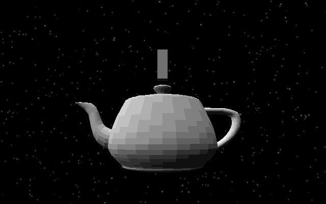 Teapot from before, in more detail and decent rectangular shading, over a starry background.